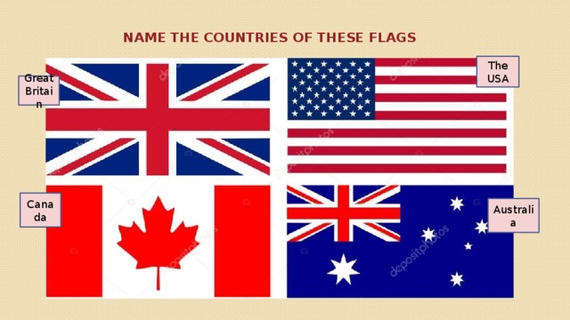 Name the countries of these flags The USA Great Britain Canada Australia 