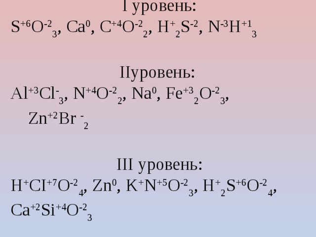 I уровень: S +6 O -2 3 , Ca 0 , C +4 O -2 2 , H + 2 S -2 , N -3 H +1 3 IIуровень: Al +3 Cl - 3 , N +4 O -2 2 , Na 0 , Fe +3 2 O -2 3 , Zn +2 Br - 2 III уровень: Н + СI +7 O -2 4 , Zn 0 , K + N +5 O -2 3 , H + 2 S +6 O -2 4 , Ca +2 Si +4 O -2 3 