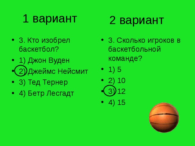 1 вариант 2 вариант 3. Кто изобрел баскетбол? 1) Джон Вуден 2) Джеймс Нейсмит 3) Тед Тернер 4) Бетр Лесгадт 3. Сколько игроков в баскетбольной команде? 1) 5 2) 10 3) 12 4) 15 