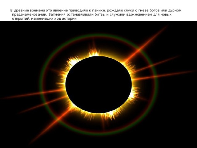 В древние времена это явление приводило к панике, рождало слухи о гневе богов или дурном предзнаменовании. Затмения останавливали битвы и служили вдохновением для новых открытий, изменивших ход истории.     