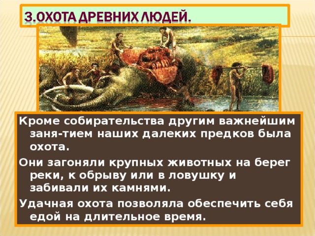 Кроме собирательства другим важнейшим заня-тием наших далеких предков была охота. Они загоняли крупных животных на берег реки, к обрыву или в ловушку и забивали их камнями. Удачная охота позволяла обеспечить себя едой на длительное время. 