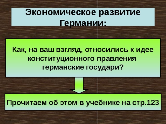 Экономическое развитие Германии: Как, на ваш взгляд, относились к идее конституционного правления германские государи? Прочитаем об этом в учебнике на стр.123 