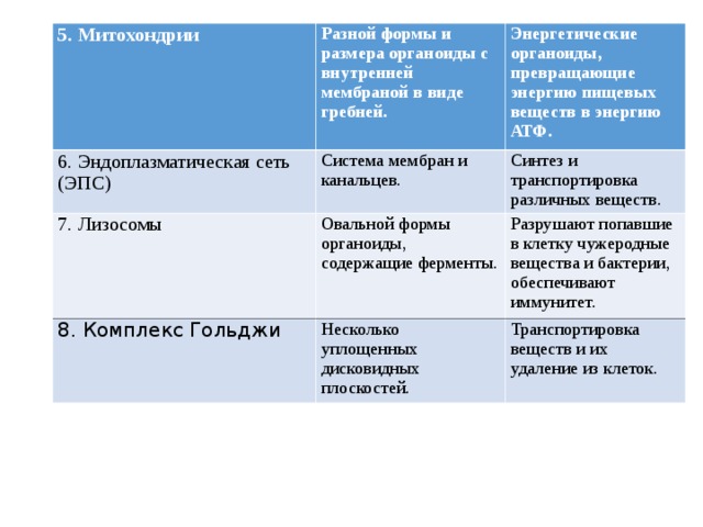 5. Митохондрии Разной формы и размера органоиды с внутренней мембраной в виде гребней. 6. Эндоплазматическая сеть (ЭПС) Система мембран и канальцев. 7. Лизосомы Энергетические органоиды, превращающие энергию пищевых веществ в энергию АТФ. Овальной формы органоиды, содержащие ферменты. 8. Комплекс Гольджи Синтез и транспортировка различных веществ. Несколько уплощенных дисковидных плоскостей. Разрушают попавшие в клетку чужеродные вещества и бактерии, обеспечивают иммунитет. Транспортировка веществ и их удаление из клеток. 