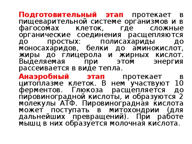   Подготовительный этап протекает в пищеварительной системе организмов и в фагосомах клеток, где сложные органические соединения расщепляются до простых: полисахариды до моносахаридов, белки до аминокислот, жиры до глицерола и жирных кислот. Выделяемая при этом энергия рассеивается в виде тепла.   Анаэробный этап протекает в цитоплазме клеток. В нем участвуют 10 ферментов. Глюкоза расщепляется до пировиноградной кислоты, и образуются 2 молекулы АТФ. Пировиноградная кислота может поступать в митохондрии (для дальнейших превращений). При работе мышц в них образуется молочная кислота. 