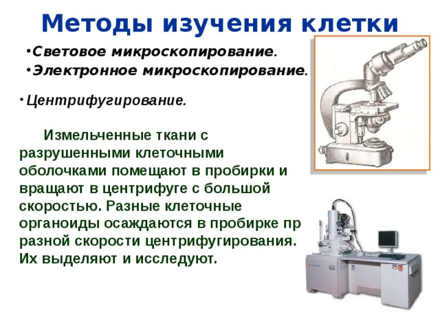 Методы изучения клетки Световое микроскопирование . Электронное микроскопирование .   Центрифугирование.   Измельченные ткани с разрушенными клеточными оболочками помещают в пробирки и вращают в центрифуге с большой скоростью. Разные клеточные органоиды осаждаются в пробирке при разной скорости центрифугирования. Их выделяют и исследуют. 