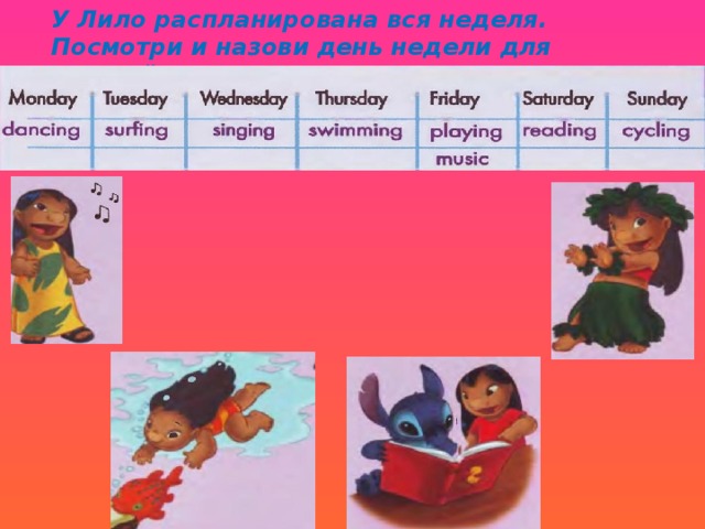 У Лило распланирована вся неделя. Посмотри и назови день недели для каждой картинки: 