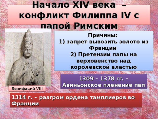 Начало XIV века  – конфликт Филиппа IV с папой Римским Причины: 1) запрет вывозить золото из Франции 2) Претензии папы на верховенство над королевской властью 1309 – 1378 гг. – Авиньонское пленение пап Бонифаций VIII 1314 г. – разгром ордена тамплиеров во Франции 