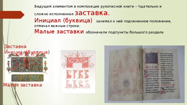 Ведущим элементом в композиции рукописной книги – тщательно и сложно исполненная заставка.  Инициал (буквица) занимал к ней подчиненное положение, отмечал важные строки.  Малые заставки обозначали подпункты большого раздела Заставка Инициал(буквица ) Малая заставка 