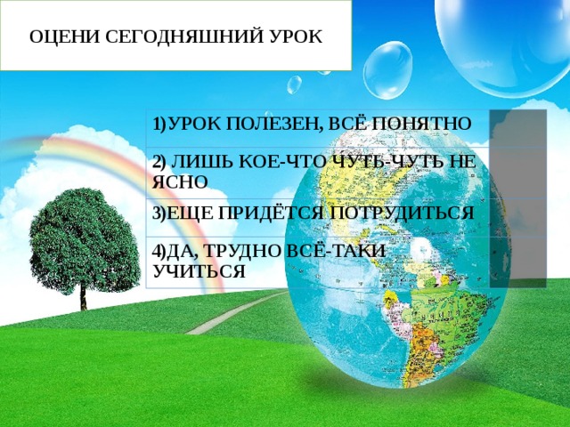 ОЦЕНИ СЕГОДНЯШНИЙ УРОК 1)УРОК ПОЛЕЗЕН, ВСЁ ПОНЯТНО 2) ЛИШЬ КОЕ-ЧТО ЧУТЬ-ЧУТЬ НЕ ЯСНО 3)ЕЩЕ ПРИДЁТСЯ ПОТРУДИТЬСЯ 4)ДА, ТРУДНО ВСЁ-ТАКИ УЧИТЬСЯ 