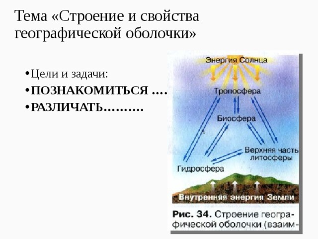 Тема «Строение и свойства географической оболочки» Цели и задачи: ПОЗНАКОМИТЬСЯ ……………. РАЗЛИЧАТЬ………. 