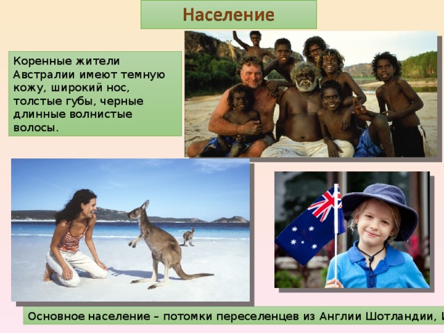 Коренные жители Австралии имеют темную кожу, широкий нос, толстые губы, черные длинные волнистые волосы. Основное население – потомки переселенцев из Англии Шотландии, Ирландии. 