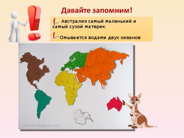  Австралия самый маленький и самый сухой материк.  Омывается водами двух океанов 