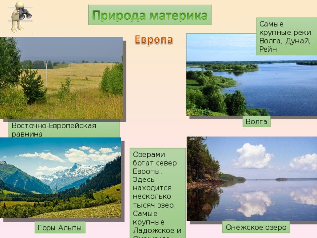 Самые крупные реки Волга, Дунай, Рейн Волга Восточно-Европейская равнина Озерами богат север Европы. Здесь находится несколько тысяч озер. Самые крупные Ладожское и Онежское Онежское озеро Горы Альпы 