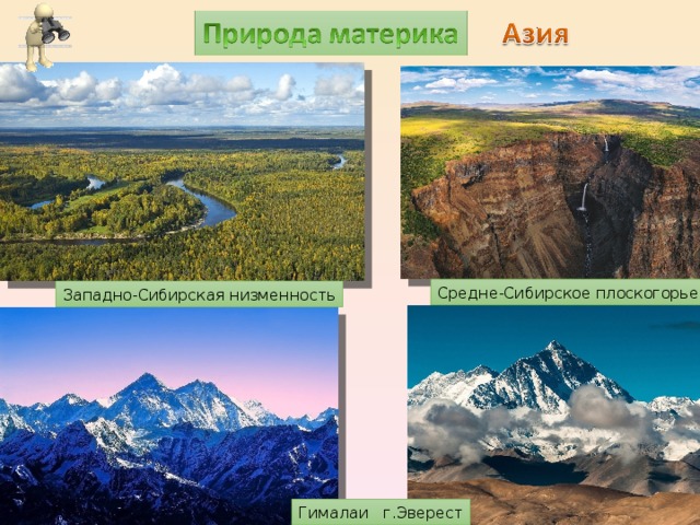 Средне-Сибирское плоскогорье Западно-Сибирская низменность Гималаи г.Эверест 