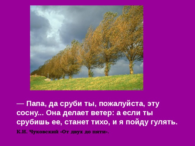 учитель читает высказывание ребенка о ветре из произведения К.И.Чуковского и предлагает вспомнить учащимся загадки, поговорки, стихи о ветре. Можно использовать опережающее задание. — Папа, да сруби ты, пожалуйста, эту сосну... Она делает ветер: а если ты срубишь ее, станет тихо, и я пойду гулять. К.И. Чуковский «От двух до пяти».   