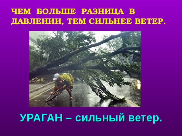 ЧЕМ БОЛЬШЕ РАЗНИЦА В ДАВЛЕНИИ, ТЕМ СИЛЬНЕЕ ВЕТЕР. учитель рассказывает о причине скорости ветра. УРАГАН – сильный ветер.  