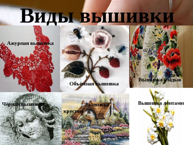 Ажурная вышивка Чёрная вышивка Виды вышивки         Вышивка гладью      Объёмная вышивка  Вышивка крестом Вышивка лентами 