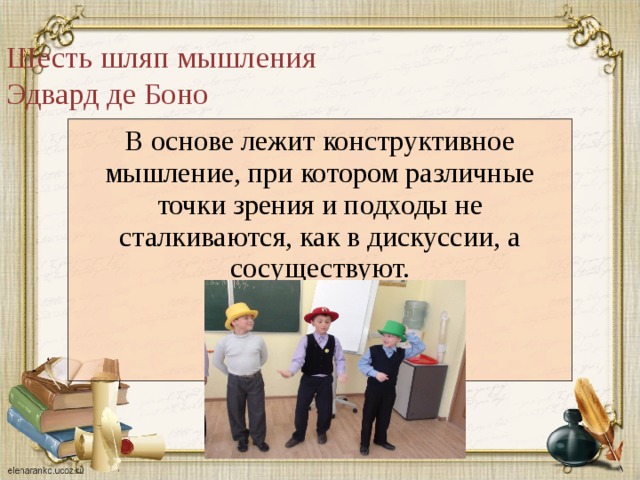 Шесть шляп мышления  Эдвард де Боно В основе лежит конструктивное мышление, при котором различные точки зрения и подходы не сталкиваются, как в дискуссии, а сосуществуют. 