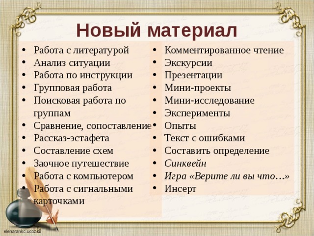 Новый материал Работа с литературой Анализ ситуации  Работа по инструкции Групповая работа Поисковая работа по группам  Сравнение, сопоставление Рассказ-эстафета  Составление схем  Заочное путешествие Работа с компьютером Работа с сигнальными карточками Комментированное чтение Экскурсии  Презентации  Мини-проекты  Мини-исследование  Эксперименты  Опыты  Текст с ошибками Составить определение Синквейн  Игра «Верите ли вы что…» Инсерт 