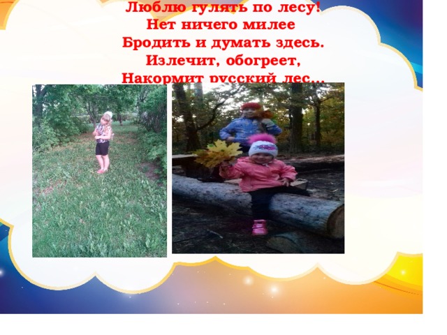 Люблю гулять по лесу!  Нет ничего милее   Бродить и думать здесь.  Излечит, обогреет,  Накормит русский лес… 