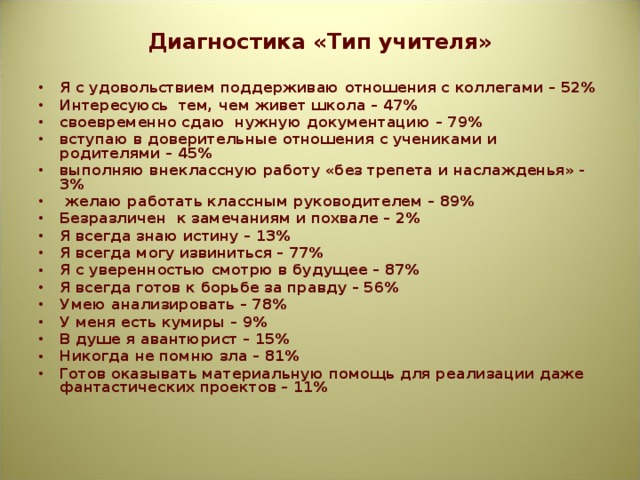 Диагностика «Тип учителя»   Я с удовольствием поддерживаю отношения с коллегами – 52% Интересуюсь тем, чем живет школа – 47% своевременно сдаю нужную документацию – 79% вступаю в доверительные отношения с учениками и родителями – 45% выполняю внеклассную работу «без трепета и наслажденья» - 3%  желаю работать классным руководителем – 89% Безразличен к замечаниям и похвале – 2% Я всегда знаю истину – 13% Я всегда могу извиниться – 77% Я с уверенностью смотрю в будущее – 87% Я всегда готов к борьбе за правду – 56% Умею анализировать – 78% У меня есть кумиры – 9% В душе я авантюрист – 15% Никогда не помню зла – 81% Готов оказывать материальную помощь для реализации даже фантастических проектов – 11%    
