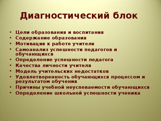 Диагностический блок Цели образования и воспитания Содержание образования Мотивация к работе учителя Самоанализ успешности педагогов и обучающихся Определение успешности педагога Качества личности учителя Модель учительских недостатков Удовлетворенность обучающихся процессом и результатом обучения Причины учебной неуспеваемости обучающихся Определение школьной успешности ученика    