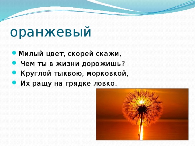 оранжевый Милый цвет, скорей скажи,  Чем ты в жизни дорожишь?  Круглой тыквою, морковкой,  Их ращу на грядке ловко. 