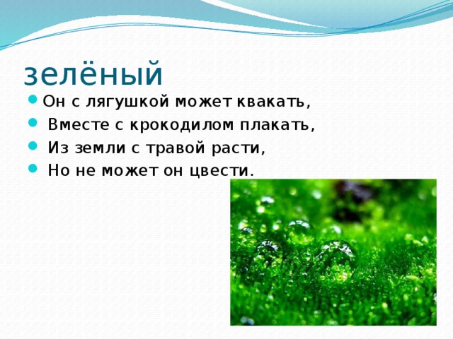 зелёный Он с лягушкой может квакать,  Вместе с крокодилом плакать,  Из земли с травой расти,  Но не может он цвести. 