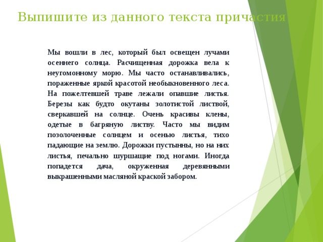  Выпишите из данного текста причастия Мы вошли в лес, который был освещен лучами осеннего солнца. Расчищенная дорожка вела к неугомонному морю. Мы часто останавливались, пораженные яркой красотой необыкновенного леса. На пожелтевшей траве лежали опавшие листья. Березы как будто окутаны золотистой листвой, сверкавшей на солнце. Очень красивы клены, одетые в багряную листву. Часто мы видим позолоченные солнцем и осенью листья, тихо падающие на землю. Дорожки пустынны, но на них листья, печально шуршащие под ногами. Иногда попадется дача, окруженная деревянными выкрашенными масляной краской забором. 