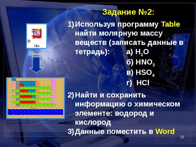 Задание № 2 :  Используя программу Table найти молярную массу веществ (записать данные в тетрадь):   а) H 2 O     б) HNO 3    в) HSO 4    г) HCl  Найти и сохранить информацию о химическом элементе: водород и кислород Данные поместить в Word   