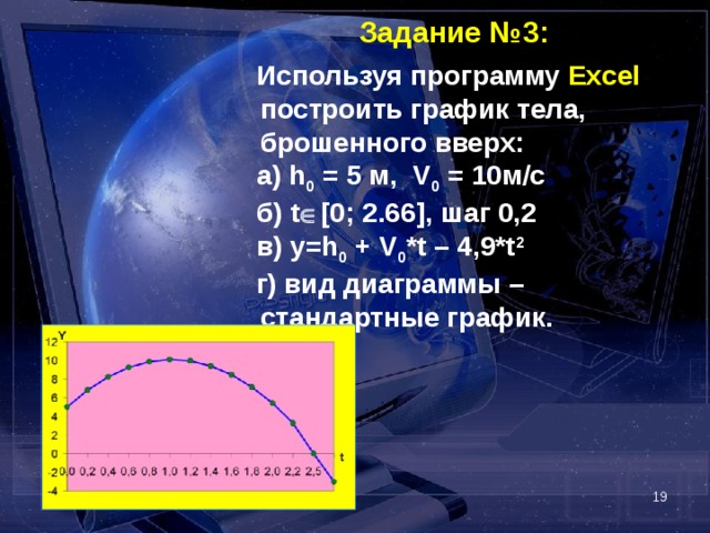Задание №3:   Используя программу Excel построить график тела, брошенного вверх:  а) h 0  =  5 м, V 0 = 10м/с  б) t  [0; 2.66] , шаг 0,2  в) y=h 0 + V 0 *t – 4,9*t 2   г) вид диаграммы – стандартные график.      