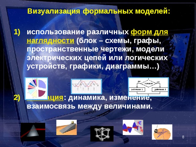 Визуализация формальных моделей:  использование различных форм для наглядности (блок – схемы, графы, пространственные чертежи, модели электрических цепей или логических устройств, графики, диаграммы…)   анимация : динамика, изменение, взаимосвязь между величинами.  