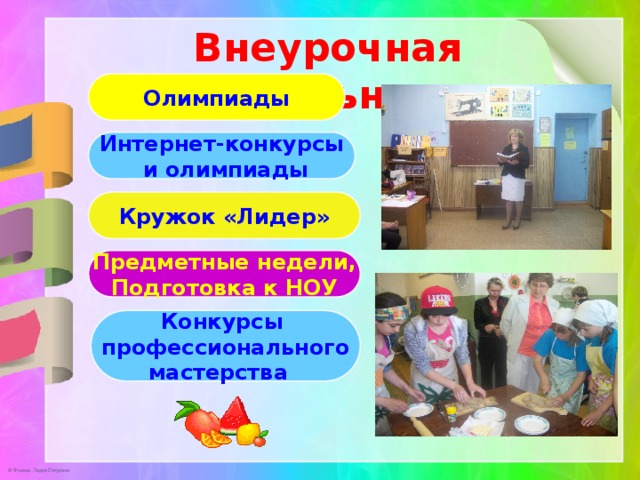 Внеурочная деятельность Олимпиады Интернет-конкурсы  и олимпиады Кружок «Лидер» Предметные недели, Подготовка к НОУ Конкурсы профессионального мастерства 