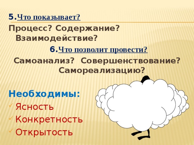 5. Что показывает? Процесс? Содержание? Взаимодействие? 6. Что позволит провести? Самоанализ? Совершенствование? Самореализацию?  Необходимы: Ясность Конкретность Открытость 