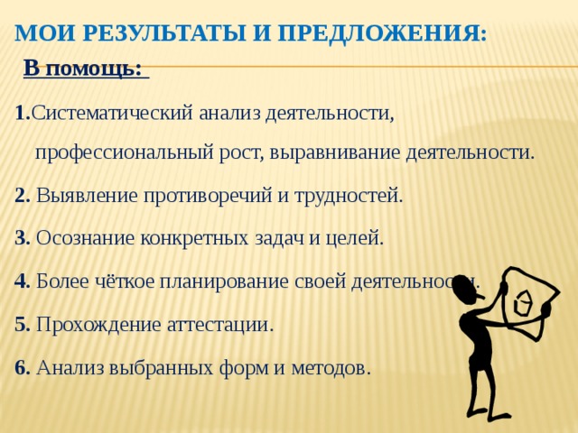 МОИ РЕЗУЛЬТАТЫ И ПРЕДЛОЖЕНИЯ:  В помощь: 1. Систематический анализ деятельности, профессиональный рост, выравнивание деятельности. 2. Выявление противоречий и трудностей. 3. Осознание конкретных задач и целей. 4. Более чёткое планирование своей деятельности. 5. Прохождение аттестации. 6. Анализ выбранных форм и методов. 