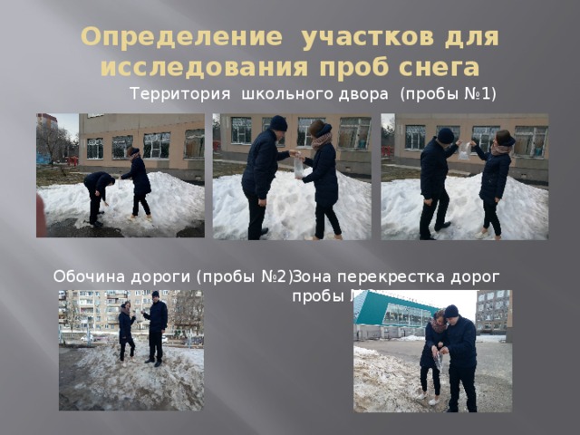 Определение участков для исследования проб снега  Территория школьного двора (пробы №1) Обочина дороги (пробы №2) Зона перекрестка дорог пробы №3 