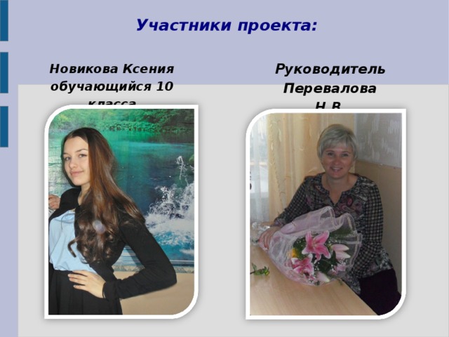 Участники проекта: Руководитель  Перевалова Н.В. Новикова Ксения обучающийся 10 класса 