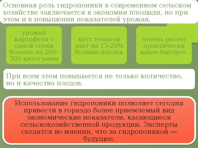 Основная роль гидропоники в современном сельском хозяйстве заключается в экономии площади, но при этом и в повышении показателей урожая. урожай картофеля с одной сотки больше на 200-300 килограмм куст томатов дает на 15-20% больше плодов зелень растет практически вдвое быстрее. При всем этом повышается не только количество, но и качество плодов. Использование гидропоники позволяет сегодня привести в гораздо более приемлемый вид экономические показатели, касающиеся сельскохозяйственной продукции. Эксперты сходятся во мнении, что за гидропоникой — будущее. 