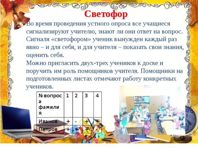 Светофор Во время проведения устного опроса все учащиеся сигнализируют учителю, знают ли они ответ на вопрос. Сигналя «светофором» ученик вынужден каждый раз явно – и для себя, и для учителя – показать свои знания, оценить себя. Можно пригласить двух-трех учеников к доске и поручить им роль помощников учителя. Помощники на подготовленных листах отмечают работу конкретных учеников. № вопроса Иванов 1 фамилия Петров 2 + 3 - + + 4 + + + - 
