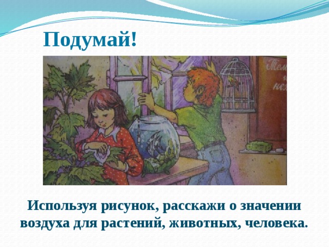 Подумай! Используя рисунок, расскажи о значении воздуха для растений, животных, человека.  
