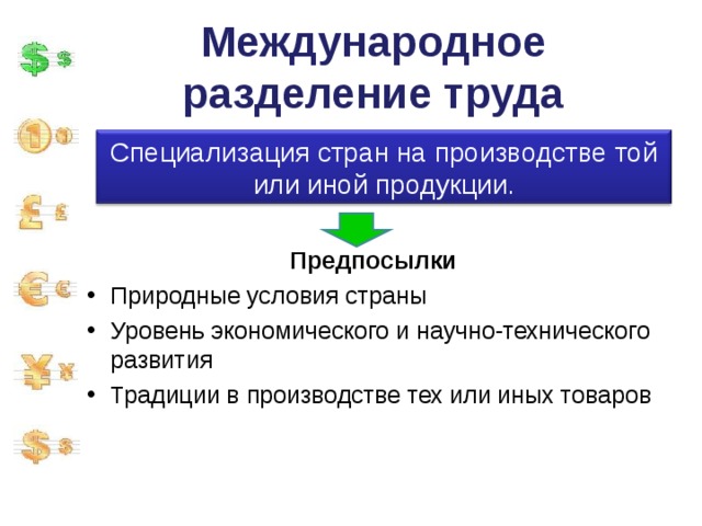 Международное разделение труда Специализация стран на производстве той или иной продукции. Предпосылки Природные условия страны Уровень экономического и научно-технического развития Традиции в производстве тех или иных товаров  