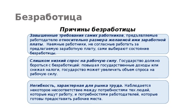Безработица Причины безработицы Завышенные требования самих работников , предъявляемые работодателю относительно размера желаемой ими заработной платы . Наемные работники, не согласные работать за предлагаемую заработную плату, сами выбирают состояние безработицы. Слишком низкий спрос на рабочую силу . Государство должно бороться с безработицей: повышая государственные доходы или снижая налоги, государство может увеличить объем спроса на рабочую силу. Негибкость, характерная для рынка труда. Наблюдается некоторое несоответствие между потребностями тех людей, которые ищут работу, и потребностями работодателей, которые готовы предоставить рабочие места. 