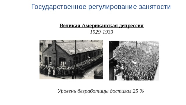 Государственное регулирование занятости Великая Американская депрессия 1929-1933   Уровень безработицы достигал 25 % 