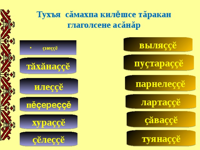 Тухъя с ă махпа килӗшсе т ă ракан глаголсене ас ă н ă р выля çç ӗ ç ие çç ӗ пу ç тара çç ӗ тӑхӑна çç ӗ парнеле çç ӗ иле çç ӗ ларта çç ӗ п ӗҫереҫҫӗ ç ӑва çç ӗ хура çç ӗ туяна çç ӗ ç ӗле çç ӗ  