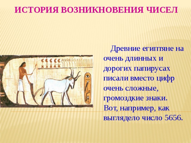История возникновения чисел Древние египтяне на очень длинных и дорогих папирусах писали вместо цифр очень сложные, громоздкие знаки. Вот, например, как выглядело число 5656. 