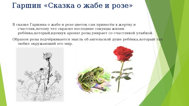 Гаршин «Сказка о жабе и розе» В сказке Гаршина о жабе и розе цветок сам принесён в жертву и счастлив , потому что скрасил последние секунды жизни ребёнка , который , вдохнув аромат розы , умирает со счастливой улыбкой . Образом розы подчёркивается мысль об ангельской душе ребёнка , который так любил окружающий его мир . 