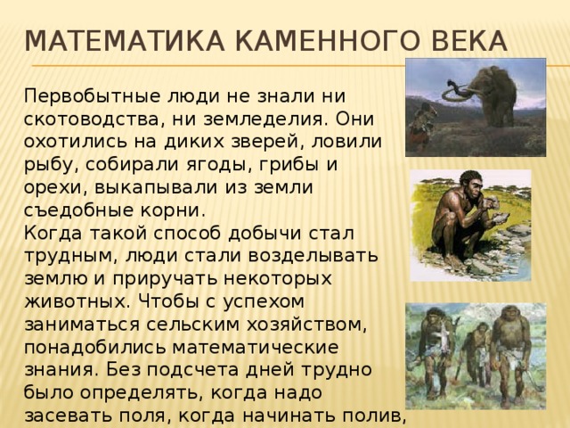 Математика каменного века Первобытные люди не знали ни скотоводства, ни земледелия. Они охотились на диких зверей, ловили рыбу, собирали ягоды, грибы и орехи, выкапывали из земли съедобные корни. Когда такой способ добычи стал трудным, люди стали возделывать землю и приручать некоторых животных. Чтобы с успехом заниматься сельским хозяйством, понадобились математические знания. Без подсчета дней трудно было определять, когда надо засевать поля, когда начинать полив, когда ждать потомства от животных. Надо было знать, сколько овец в стаде, сколько мешков зерна положено в амбары. 