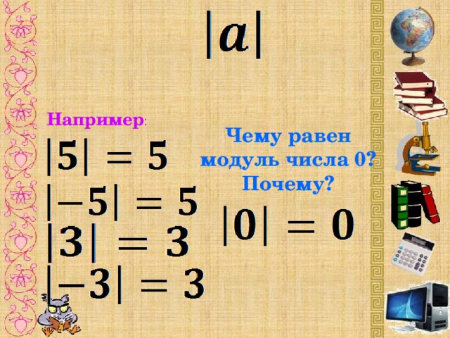 Например : Чему равен модуль числа 0? Почему? 