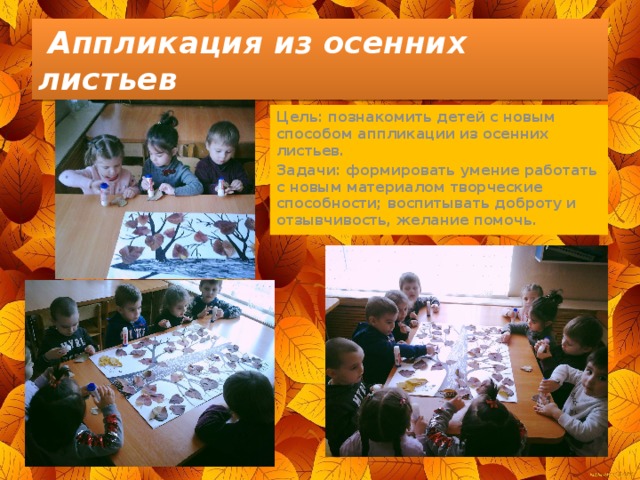  Аппликация из осенних листьев Цель: познакомить детей с новым способом аппликации из осенних листьев. Задачи: формировать умение работать с новым материалом творческие способности; воспитывать доброту и отзывчивость, желание помочь.  