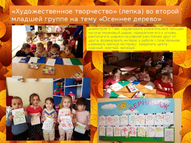 «Художественное творчество» (лепка) во второй младшей группе на тему «Осеннее дерево» Цель : Научить отщипывать маленькие кусочки пластилина от куска и скатывать из них шарики диаметром 5-7 мм, надавливать указательным пальцем на пластилиновый шарик, прикрепляя его к основе, располагать шарики на равном расстоянии друг от друга; формировать интерес к работе с пластилином; развивать мелкую моторику. Закрепить цвета - красный, желтый, зеленый. 